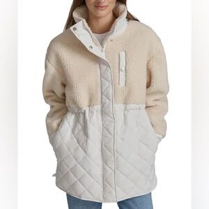 ANDREW MARC SPORT WOMEN'S SHERPA TRIM LONGLINE QUILTED JACKET IN CREAM